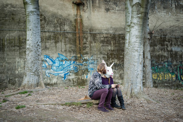 young hipster cuople lovers rabbit mask