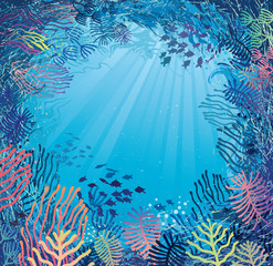 Fototapeta na wymiar Underwater in daylight. Illustration of sea plants and fish