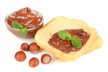 Bread with sweet chocolate hazelnut spread isolated on white