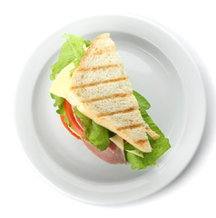 Tasty sandwich with ham, isolated on white