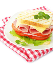 Tasty sandwich with ham, isolated on white