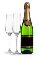 Bottle of champagne and empty glasses, isolated on white