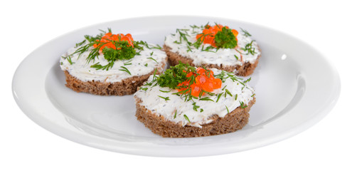 Delicious canapes on plate isolated on white