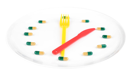 Medication schedule and meals. Conceptual photo. Isolated