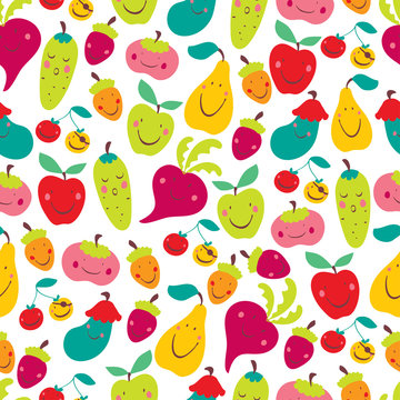 Vegetables and fruit. Cheerful seamless pattern.