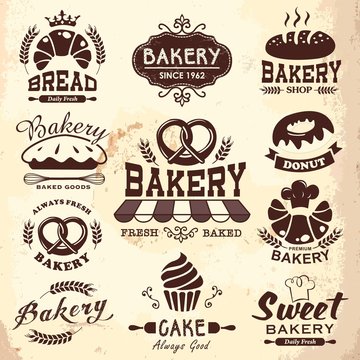 Collection of vintage retro bakery logo badges and labels