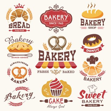 Collection of vintage retro bakery logo badges and labels