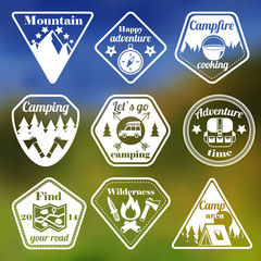 Outdoors tourism camping flat emblems set