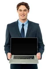 Corporate executive showing laptop to camera