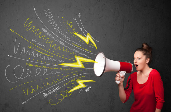 Cute Girl Shouting Into Megaphone With Hand Drawn Lines And Arro