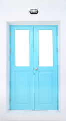 Blue wooden twin door and top bulb.