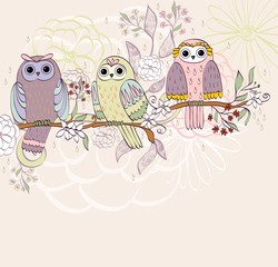 illustration with owl sitting on the branches