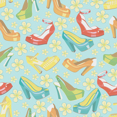 Colorful fashion women's shoes,spring flowers.Seamless pattern