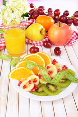 Sweet fresh fruits on plate on table close-up