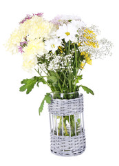 Beautiful chrysanthemum flowers in vase isolated on white