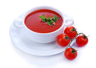 Tasty tomato soup, isolated on white