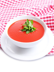Tasty tomato soup, isolated on white
