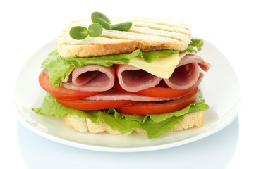 Tasty sandwich with ham, isolated on white
