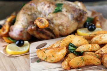 Whole roasted chicken with vegetables and fried potatoes