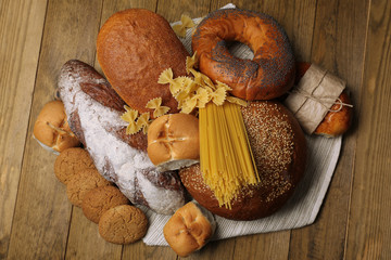 Bakery products on wooden table