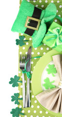 Table setting for St Patricks Day with white background