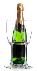 Bottle of champagne and empty glasses, isolated on white