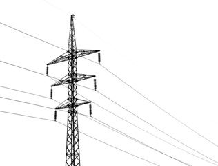 High voltage power lines and metal pylon isolated on white
