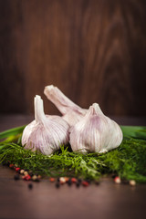 Close up of garlic on green herbs