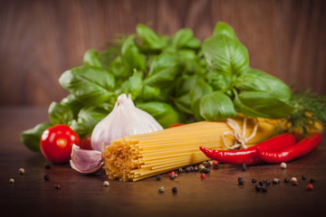 Close up of products on spaghetti