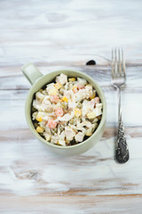 Olivier salad, view from above, studio shot