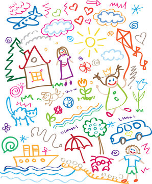 multicolored child drawing style vector set