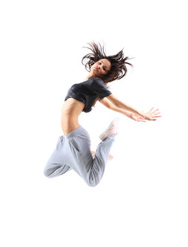 pretty modern slim hip-hop style teenage girl jumping dancing