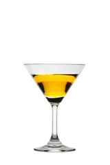 Yellow water in wine glass of isolated.