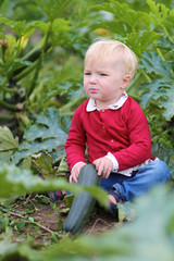 Cute baby girl pools out of the field ripe zucchini 