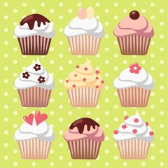 Set of spring easter cupcakes, muffins, vector illustration
