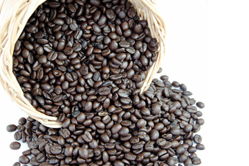 Roasted coffee beans in basket.