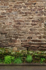 Hintergrund Natursteinwand mit bewachsenem Sockelbereich