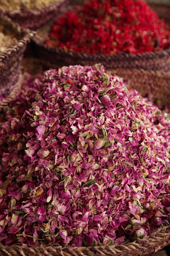 spices herbs flowers (rose) in the Marrakesh street souk shop