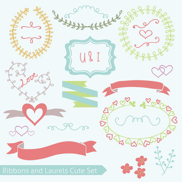 Cute Ribbons Laurels Vector Set