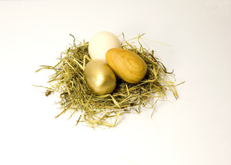 Wooden, gold and hen eggs on the nest