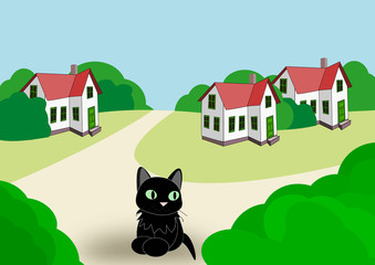 Obraz na płótnie Canvas Three Houses and a Cat