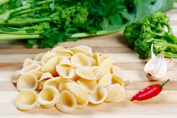 orecchiette pasta with broccoli rabe, turnip tops