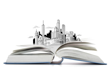 open book on the table with city sketch