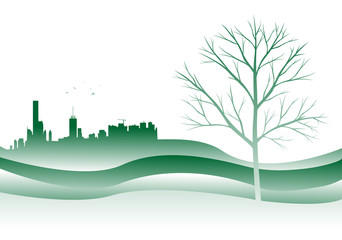 Obraz premium silhouette di città con albero spoglio