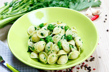 orecchiette pasta with broccoli rabe, turnip tops