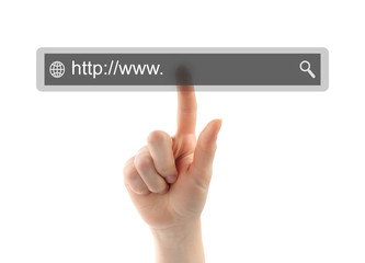 Hand pushing virtual search bar on white background
