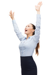 laughing businesswoman waving hands