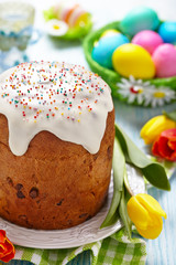 Cake and colorful eggs for Easter