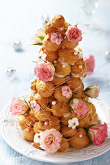 Croquembouche with Pink and White Frosting Roses