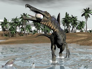 Spinosaurus dinosaur eating fish - 3D render